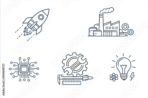 Five white minimalist icons on a black background depicting a launching rocket, industrial factory, electronic circuit, mechanical tools, and an innovative light bulb symbol.