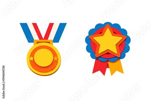 Two colorful award icons including a gold medal with a red, white, and blue ribbon and a star rosette ribbon are shown on a black background. They symbolize victory and excellence.