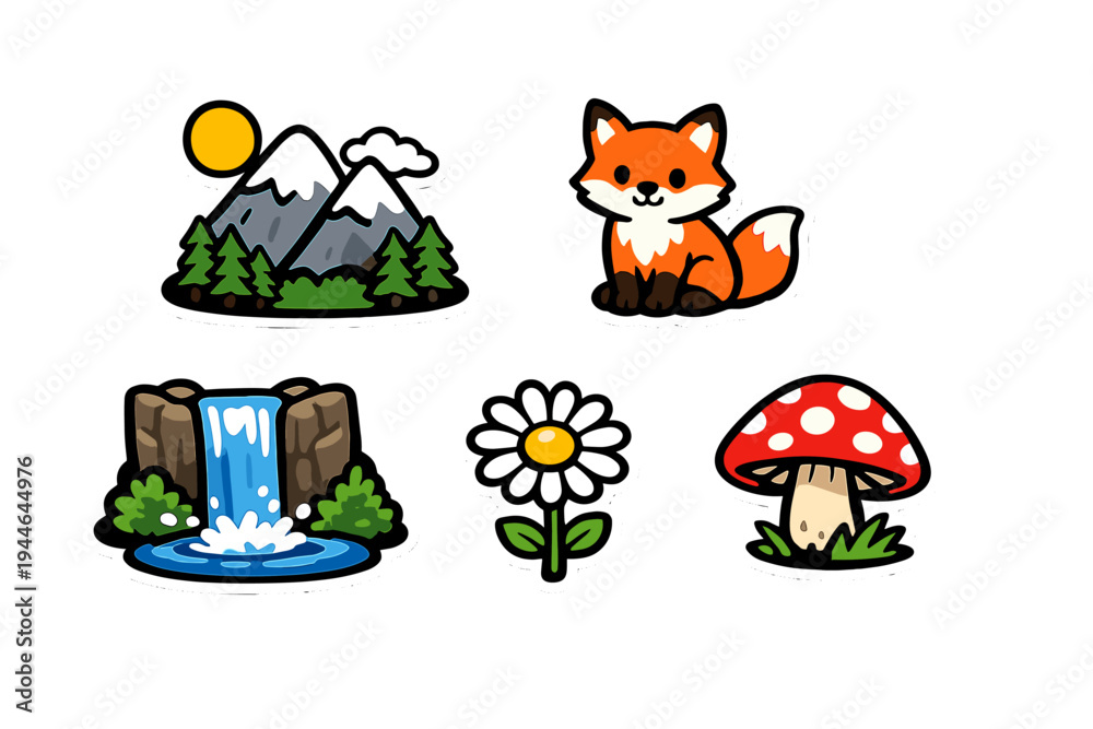 Naklejka premium A collection of five nature-themed stickers featuring a cute fox, snow-capped mountains under a sun, a flowing waterfall, a white daisy flower, and a red spotted mushroom on a black background.