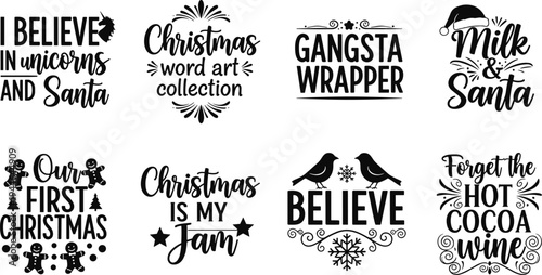 Christmas word art designs, festive typography icons, holiday decoration illustration, seasonal quotes artwork, playful winter phrases, creative Christmas graphic collection
