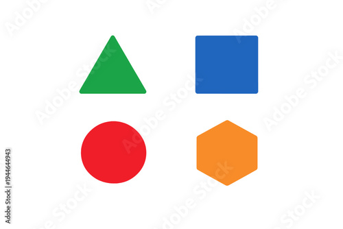 A collection of four colorful geometric shapes including a green triangle, blue square, red circle, and orange hexagon arranged in a grid on a dark black background with vertical lines.