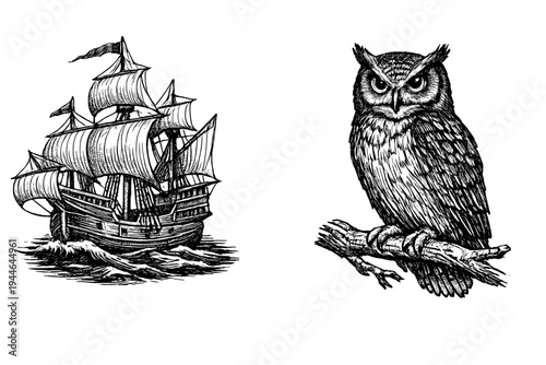 A detailed black and white illustration featuring a vintage sailing ship navigating ocean waves alongside a wise owl perched on a wooden branch against a dark background.