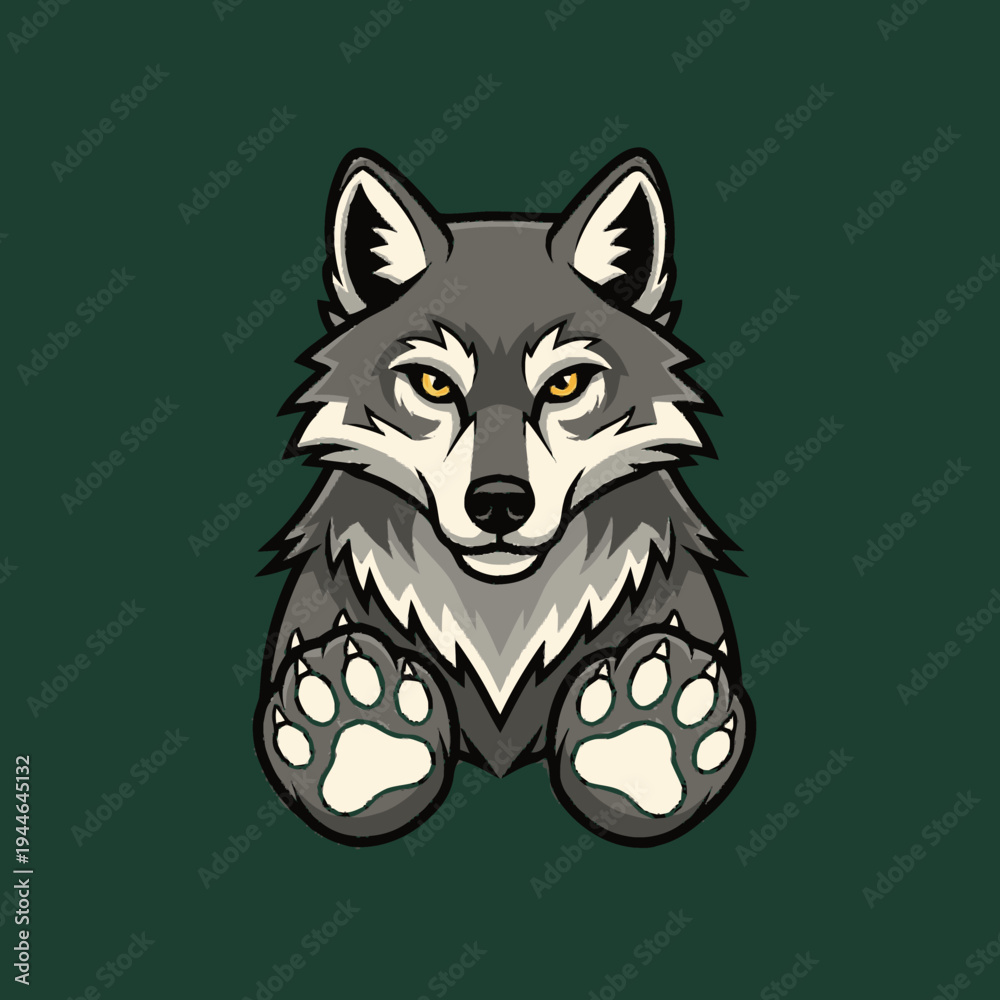 Fototapeta premium Stylized Gray Wolf Head and Paws Cartoon Illustration on Dark Green Background. Wild Animal Character Mascot with Intense Gaze and Detailed Fur.