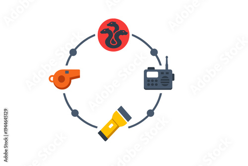 A circular graphic featuring four icons: a red hydra emblem, a grey radio, a yellow flashlight, and an orange whistle. The icons are connected by a thin grey line with small circular nodes.