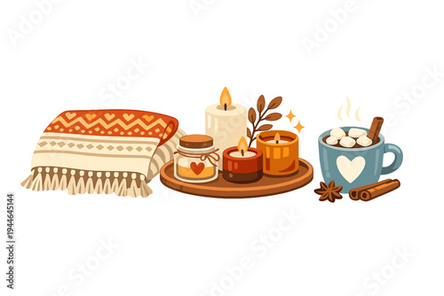 A cozy illustration featuring a folded patterned blanket, a wooden tray with lit candles and a honey jar, and a blue mug of hot chocolate with marshmallows and cinnamon sticks.
