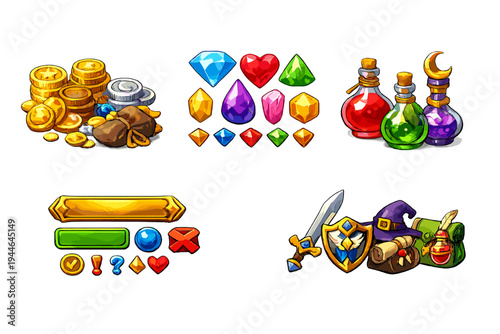 This set of digital illustrations features fantasy RPG items such as gold coins, vibrant gemstones, magic potions, UI buttons, a sword, a shield, and a wizard hat on a black background.