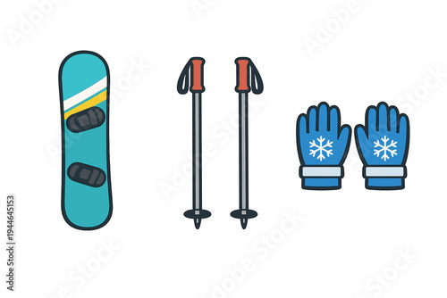 A flat illustration of winter sports gear including a teal snowboard, two ski poles with orange grips, and a pair of blue gloves with snowflake designs on a black background.