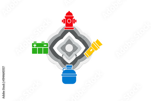 This graphic shows four emergency icons including a red fire hydrant, yellow flashlight, blue water bottle, and green battery arranged around a central grey design on a black backdrop.
