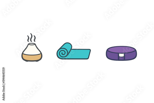 A flat vector illustration featuring three wellness items: an essential oil diffuser emitting steam, a rolled teal yoga mat, and a purple meditation cushion on a black background.