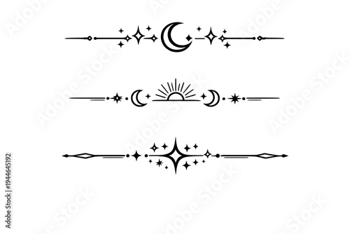 Three black celestial decorative dividers featuring crescent moons, suns, and stars on a white background. These minimalist line art borders are perfect for mystical or astrological designs.