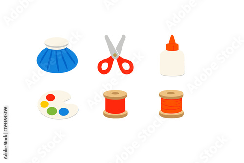 A collection of six colorful craft and art supply icons including scissors, glue, a paint palette, thread spools, and a pincushion, all set against a solid black background.