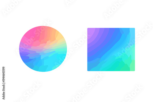 A vibrant gradient circle and square are displayed against a dark, textured black background. The geometric shapes feature a smooth transition of pink, blue, and green hues.