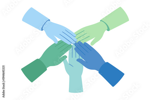 Five hands in shades of blue and green are joined together in the center against a black background, symbolizing teamwork, unity, and collaboration in a flat illustration style.