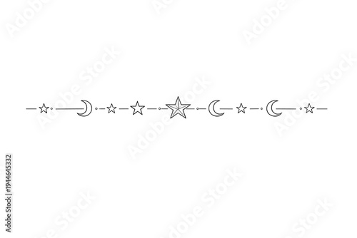 A horizontal line of white celestial symbols including stars and crescent moons is centered on a solid black background. This minimalist design serves as a decorative divider or border.