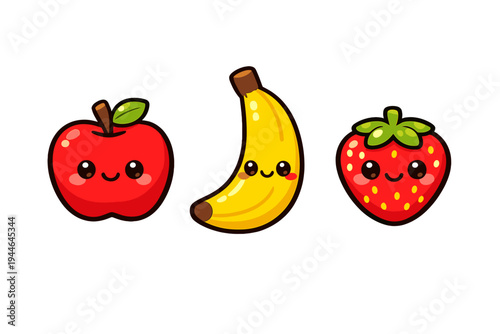 A cute illustration of three cartoon fruits including a red apple, a yellow banana, and a red strawberry with smiling faces and rosy cheeks set against a solid black background.