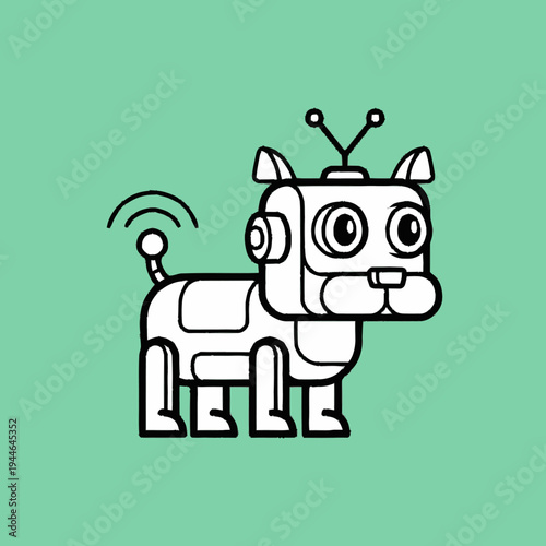 Cute robot dog illustration with antennae and Wi-Fi tail, representing AI, technology, and futuristic pets