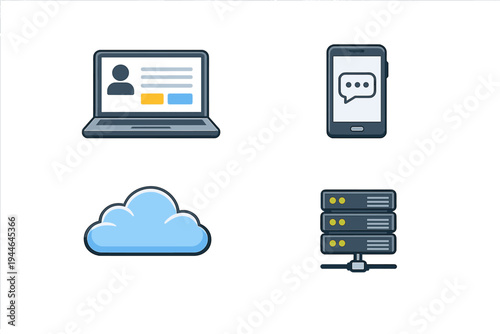 A collection of four digital technology icons including a laptop, a smartphone with a messaging app, a blue cloud, and a server rack, all presented in a flat illustration style.