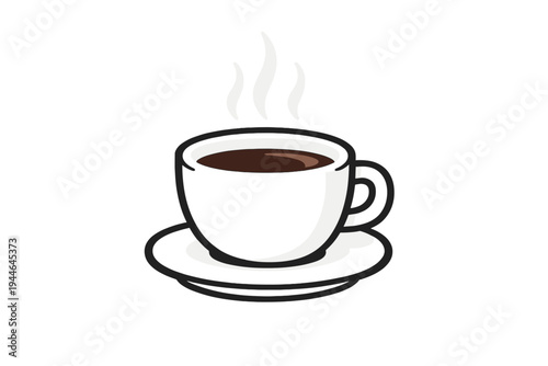This graphic illustration features a black coffee cup on a saucer with three wisps of white steam rising from the dark liquid, set against a plain black background.