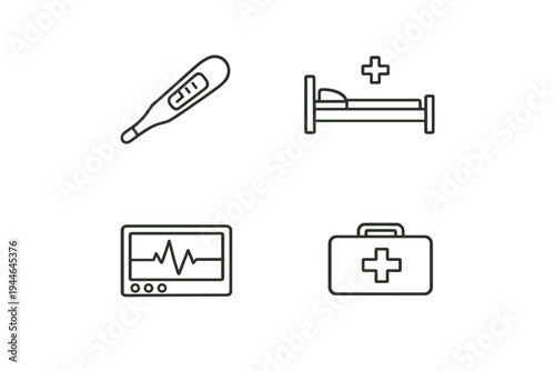 A set of four medical line icons featuring a digital thermometer, a hospital bed with a cross, a heart rate monitor displaying a pulse, and a first aid kit on a white background.