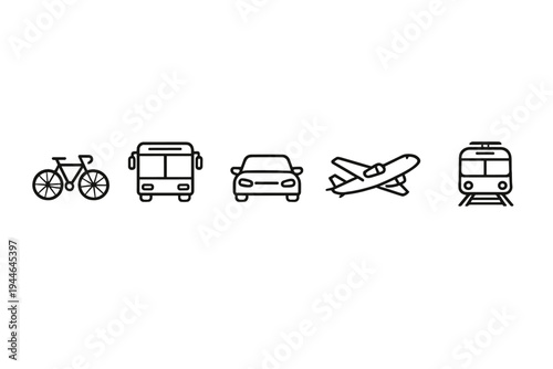 A collection of five black line icons representing various modes of transportation, including a bicycle, bus, car, airplane, and train, arranged horizontally on a plain white background.