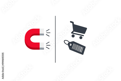 A red horseshoe magnet is positioned on the left side of a vertical line, while a shopping cart and a price tag are shown on the right side against a dark background.