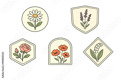 A collection of five minimalist floral illustrations featuring a daisy, lavender, rose, poppies, and lily of the valley, each enclosed within a unique geometric frame on a black background.