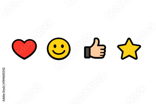 Four colorful icons including a red heart, a yellow smiley face, a thumbs-up gesture, and a yellow star are arranged horizontally against a solid black background.