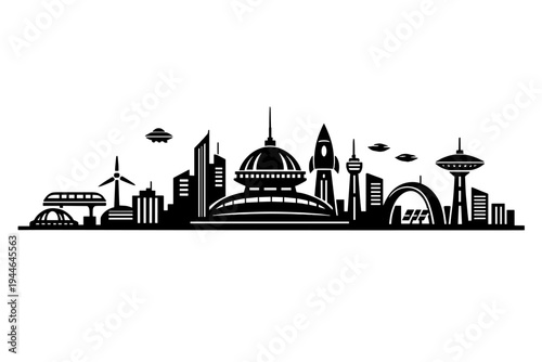 A minimalist black and white line drawing of a futuristic city skyline featuring various skyscrapers and flying saucers hovering in the sky above the urban landscape.