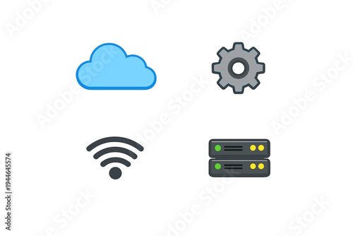 Four flat design icons representing cloud computing, settings, wireless connectivity, and data servers are displayed in a grid layout against a plain black background.