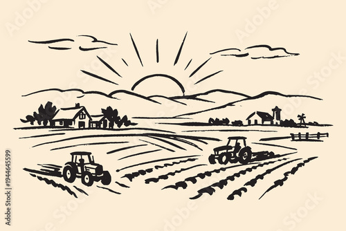 Farm landscape with tractors ink sketch vector illustration