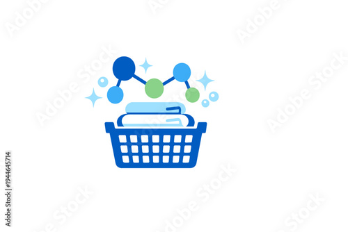 This vector illustration features a blue laundry basket with folded garments, topped with a molecular chain, bubbles, and stars to symbolize advanced cleaning science.