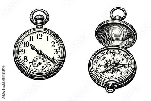Detailed black and white engraving of a vintage pocket watch and an open nautical compass. The illustration features a classic woodcut style with intricate line work on a dark background.