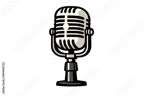 A classic vintage microphone illustration with a stand is centered against a solid black background. The retro design is ideal for themes related to radio, music, and podcasting.