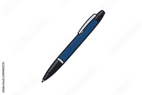 This illustration features a blue and black retractable ballpoint pen with a silver clip and accents. The writing tool is depicted at a diagonal angle against a black background.