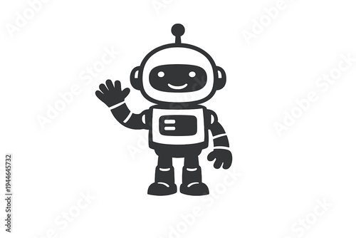 A black and white illustration of a friendly cartoon robot waving its hand. The minimalist character features a round head with an antenna and a smiling face on a dark background.