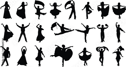 Dynamic dancer silhouettes collection, ballet folk contemporary poses, expressive movement art, flags scarves props, diverse dance styles illustration design