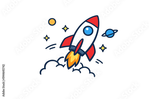 A colorful cartoon rocket ship launches into outer space with bright orange flames and smoke clouds, surrounded by stars and planets in a flat vector illustration style.