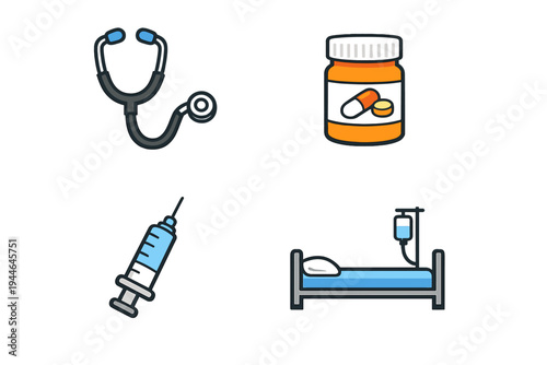 A collection of four medical icons featuring a stethoscope, a medicine bottle with pills, a syringe, and a hospital bed with an IV drip, all presented in a flat vector style on a black background.