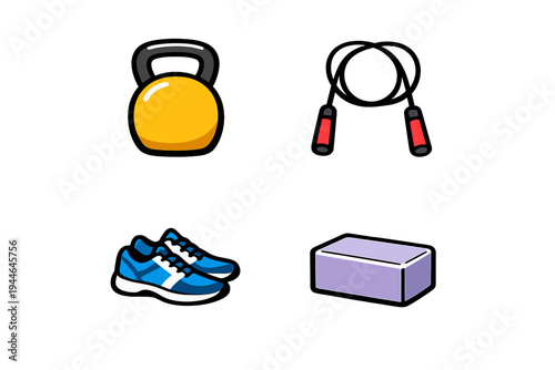 A collection of fitness equipment icons including a yellow kettlebell, a jump rope with red handles, blue running shoes, and a purple yoga block, all set against a black background.