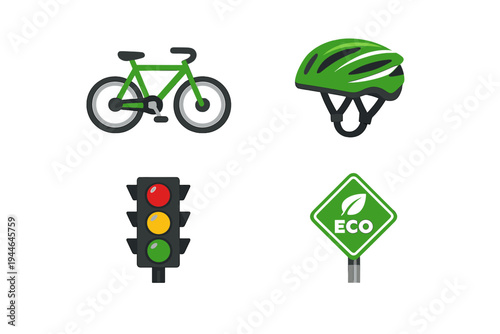 A set of four flat icons representing eco-friendly transportation, featuring a green bicycle, a matching helmet, a standard traffic light, and a green eco sign with a leaf.