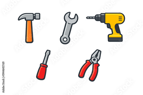 A collection of five colorful hand and power tool icons including a hammer, wrench, electric drill, screwdriver, and pliers, isolated on a solid black background in a flat vector style.