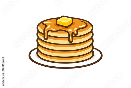 A cartoon illustration of a stack of five golden pancakes on a plate, topped with a melting square of butter and dripping maple syrup against a solid black background.
