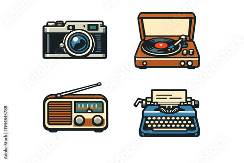 A collection of four vintage objects including a camera, a record player, a radio, and a typewriter, presented in a stylized flat illustration style on a black background.