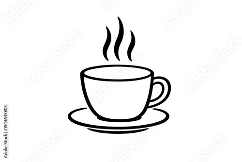 A minimalist white line drawing of a steaming cup of coffee or tea sitting on a saucer, set against a solid black background. The simple illustration features three wavy steam lines.