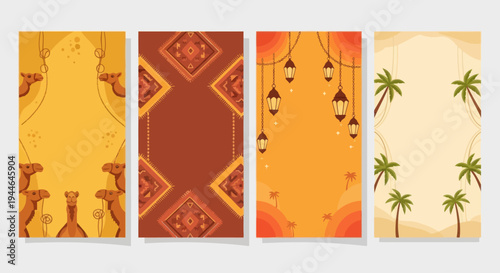 Collection of Middle Eastern themed vertical banners with camels, lanterns, and palm trees