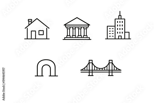 A collection of five minimalist black line icons representing various architectural structures including a house, a classical building, an office skyscraper, an arch, and a bridge.
