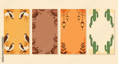 Desert Themed Vertical Frame Collection: Birds, Rocks, Lanterns, Cacti