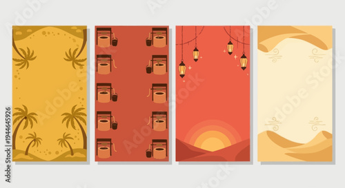 Set of Desert and Ramadan themed backgrounds with palm trees, lanterns, and dunes