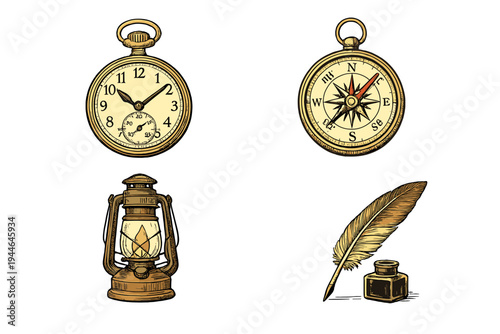 A collection of four vintage hand-drawn illustrations featuring a pocket watch, a compass, an oil lantern, and a quill pen with an inkwell set against a solid black background.