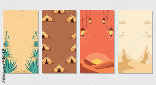 Desert Caravan, Tents, Lanterns, Oasis Plants, Dunes